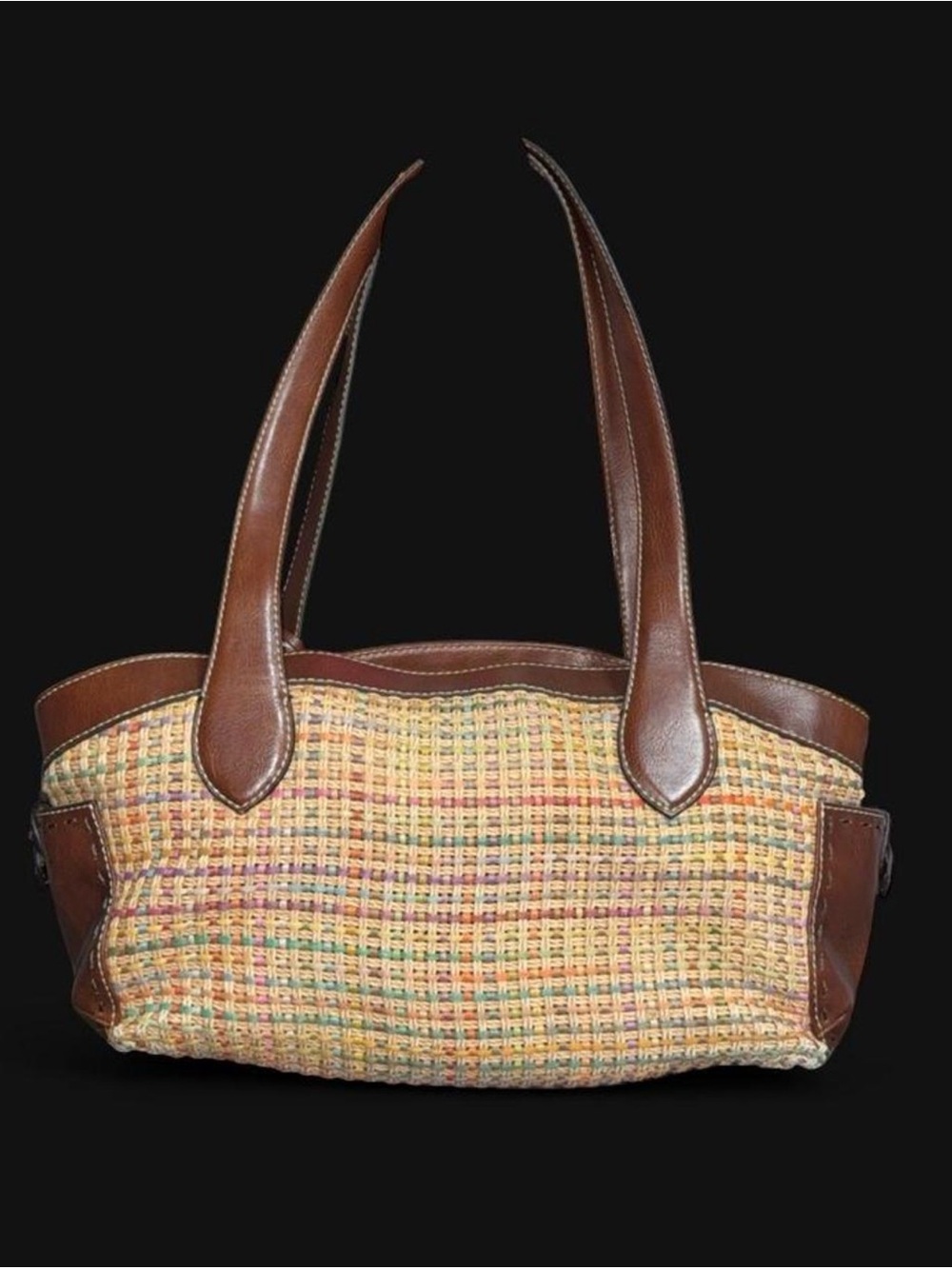 Woven Multicolor Tote Bag with Brown Leather Trim tweed